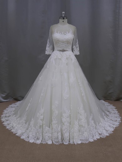 Ball Gown Scoop Neck Appliques Lace Ivory Tulle 3/4 Sleeve Wedding Dresses #Milly00022043