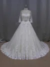 Ball Gown Illusion Tulle Chapel Train Wedding Dresses With Appliques Lace #Milly00022043
