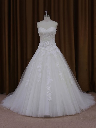 Ball Gown Tulle Appliques Lace Court Train Trendy Ivory Wedding Dresses #Milly00022047