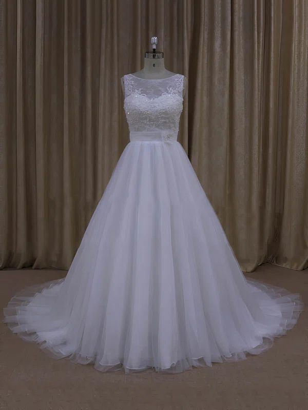 Ball Gown Illusion Tulle Court Train Wedding Dresses With Appliques Lace #Milly00022048