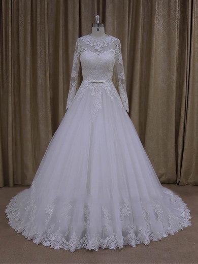Ball Gown Illusion Tulle Chapel Train Wedding Dresses With Sashes / Ribbons #Milly00022050