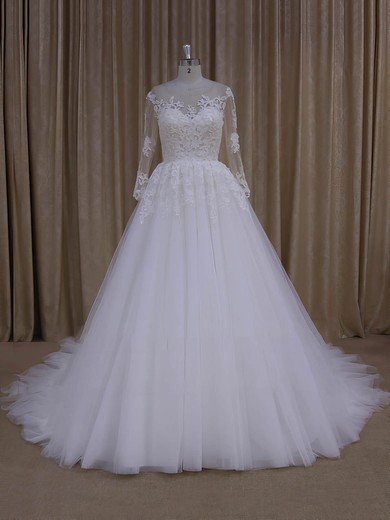 Ball Gown Illusion Tulle Court Train Wedding Dresses With Appliques Lace #Milly00022051