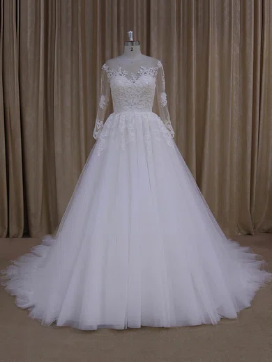 Ball Gown/Princess Illusion Tulle Court Train Wedding Dresses With Appliques Lace #Milly00022051