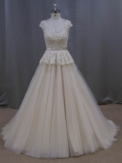 Scoop Neck Court Train Lace Tulle Sashes/Ribbons Graceful Champagne Wedding Dresses #Milly00022053