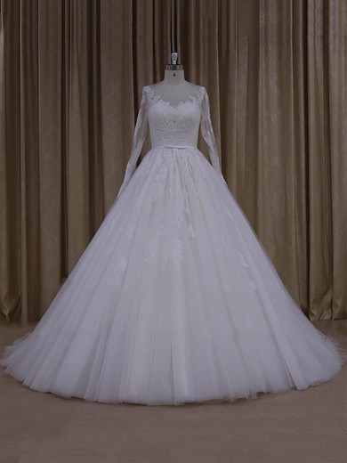 Ball Gown Illusion Tulle Chapel Train Wedding Dresses With Appliques Lace #Milly00022054