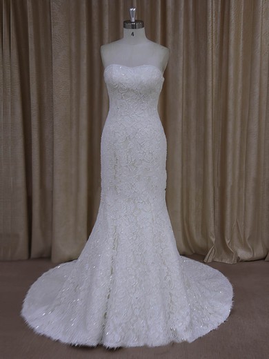 Trumpet/Mermaid Sweetheart Lace Court Train Wedding Dresses With Sequins #Milly00022055
