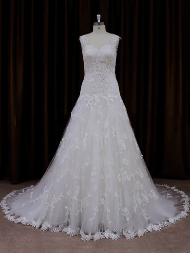 Ball Gown Sweetheart Tulle Court Train Wedding Dresses With Appliques Lace #Milly00022057