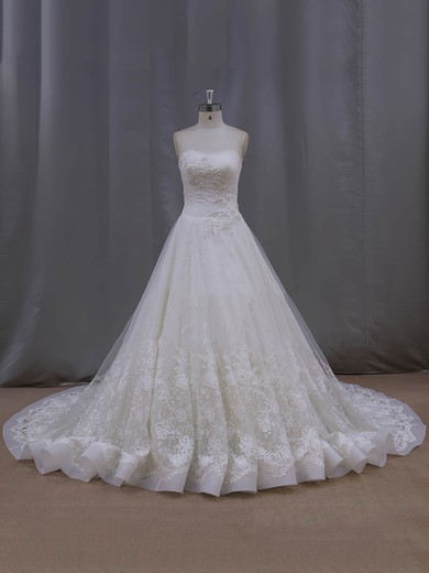 Chapel Train Ivory Lace Tulle Beading Affordable Strapless Wedding Dresses #Milly00022063