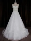 A-line Sweep Train Ivory Tulle Appliques Lace Elegant Wedding Dresses #Milly00022067