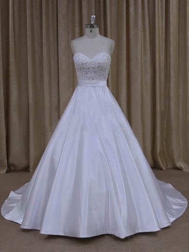 Wholesale Sweetheart Satin Beading Court Train White Wedding Dresses #Milly00022068