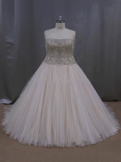 Ball Gown/Princess Straight Tulle Sweep Train Wedding Dresses With Beading #Milly00022069