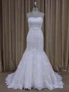 Trumpet/Mermaid Sweetheart Tulle Sweep Train Wedding Dresses With Appliques Lace #Milly00022072