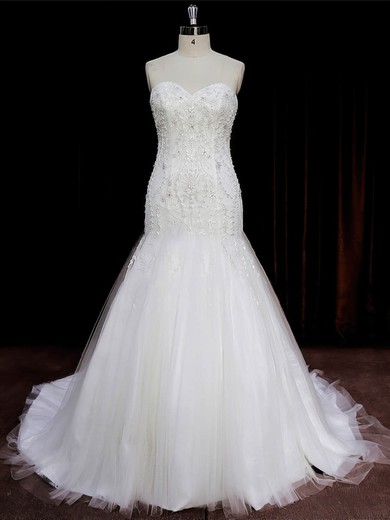 New Arrival Sweetheart Tulle Beading Ivory Trumpet/Mermaid Wedding Dresses #Milly00022073