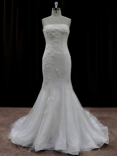 Trumpet/Mermaid Straight Tulle Court Train Wedding Dresses With Appliques Lace #Milly00022074