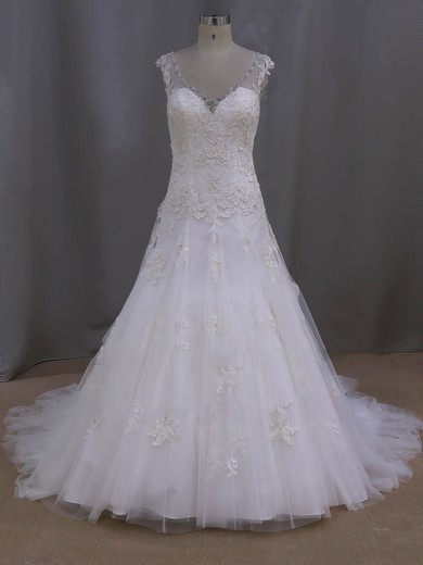 V-neck Ivory Tulle Appliques Lace Court Train Fashionable Wedding Dresses #Milly00022077