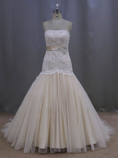 Gorgeous Strapless Champagne Lace Tulle Sashes/Ribbons Trumpet/Mermaid Wedding Dresses #Milly00022082