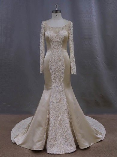 Luxurious Trumpet/Mermaid Scoop Neck Champagne Lace Satin Long Sleeve Wedding Dresses #Milly00022083