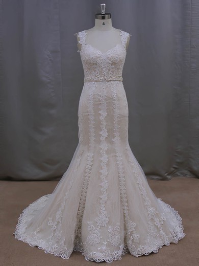 Trumpet/Mermaid V-neck Lace Tulle Court Train Wedding Dresses With Beading #Milly00022085