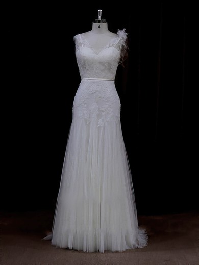 Sheath/Column Tulle Appliques Lace V-neck Online Ivory Wedding Dresses #Milly00022088