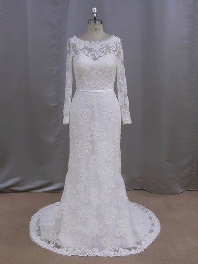 Sheath/Column Illusion Lace Sweep Train Wedding Dresses With Sashes / Ribbons #Milly00022090