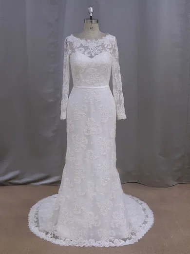 Sheath/Column Illusion Lace Sweep Train Wedding Dresses With Sashes / Ribbons #Milly00022090