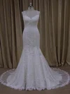 Trumpet/Mermaid V-neck Tulle Court Train Wedding Dresses With Appliques Lace #Milly00022092