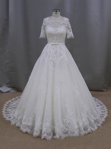 Ball Gown Illusion Tulle Court Train Wedding Dresses With Appliques Lace #Milly00022093