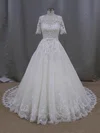 Ball Gown Illusion Tulle Court Train Wedding Dresses With Appliques Lace #Milly00022093