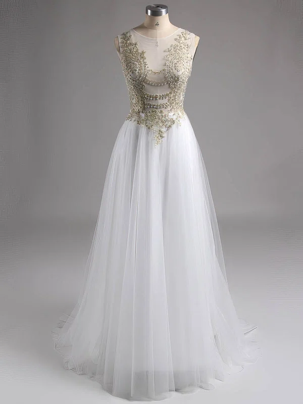 White Scoop Neck Tulle with Beading Modest Floor-length Prom Dress #Milly020100568