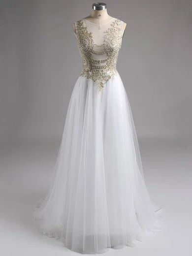 Ball Gown Illusion Tulle Prom Dresses With Beading #Milly020100568