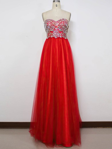 Empire Red Inexpensive Tulle with Crystal Detailing Floor-length Prom Dress #Milly020100576