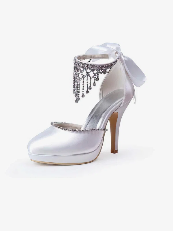 Women's Satin with Crystal Lace-up Stiletto Heel Pumps Closed Toe Platform #Milly03030016