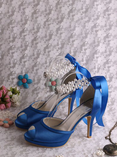 Women's Satin with Lace-up Pearl Stiletto Heel Pumps Peep Toe Platform #Milly03030056