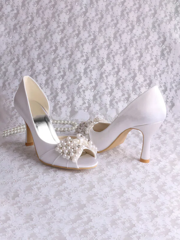 Women's Satin with Bowknot Crystal Pearl Spool Heel Pumps Peep Toe #Milly03030061