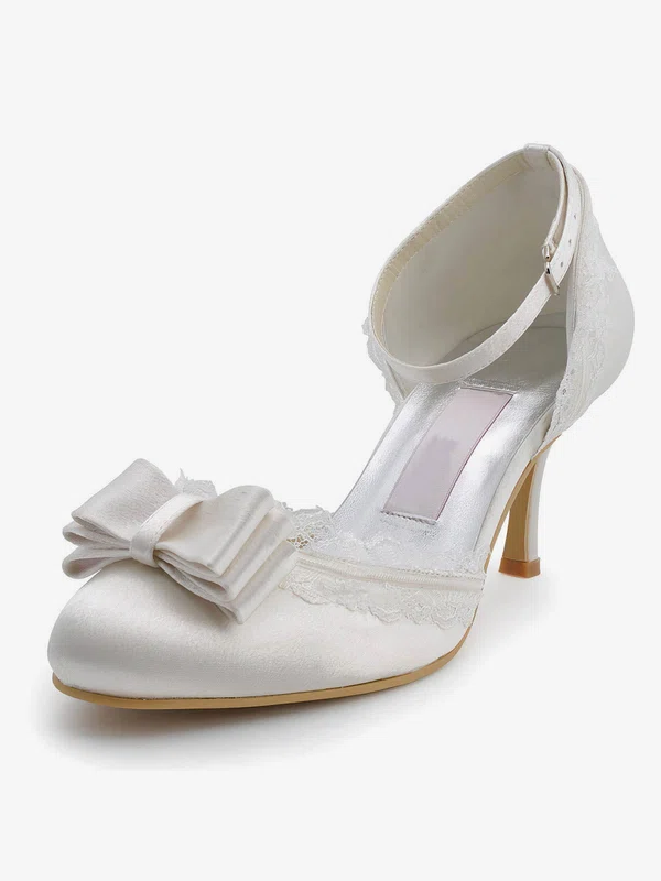 Women's Satin with Buckle Bowknot Stitching Lace Kitten Heel Pumps Closed Toe #Milly03030122
