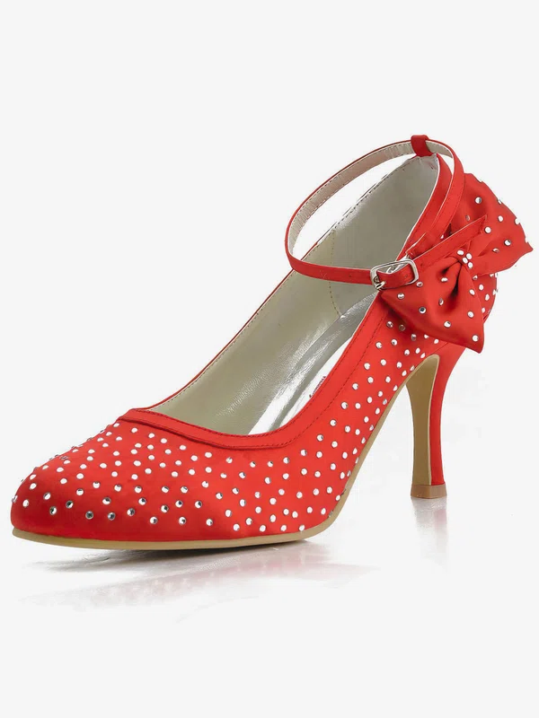 Women's Satin with Buckle Bowknot Crystal Stiletto Heel Pumps Closed Toe #Milly03030131