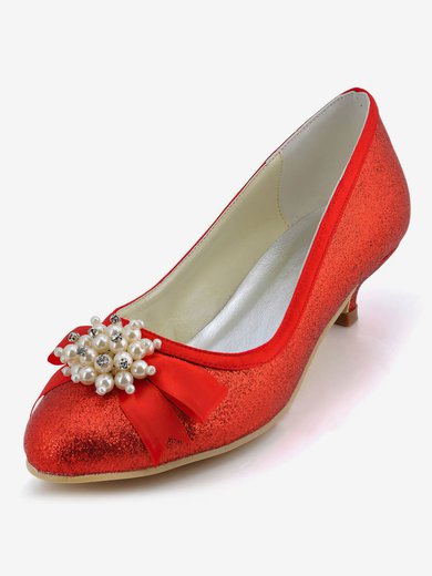 Women's Satin with Sequin Ribbon Tie Pearl Kitten Heel Pumps Closed Toe #Milly03030133