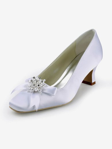 Women's Satin with Imitation Pearl Ribbon Tie Chunky Heel Pumps Closed Toe #Milly03030141