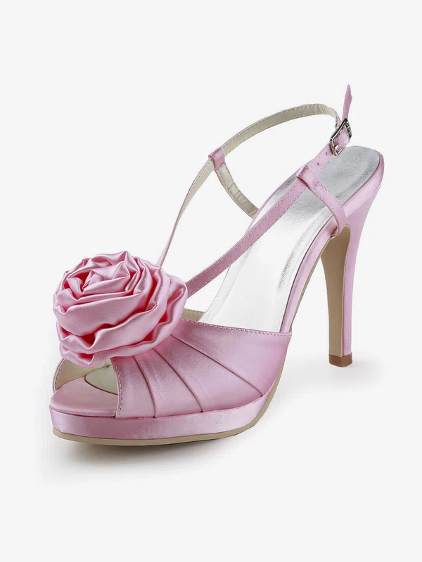 Women's Satin with Buckle Flower Ruched Stiletto Heel Sandals Peep Toe Platform Slingbacks #Milly03030155