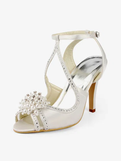Women's Satin with Buckle Imitation Pearl Beading Stiletto Heel Sandals Peep Toe Slingbacks #Milly03030162