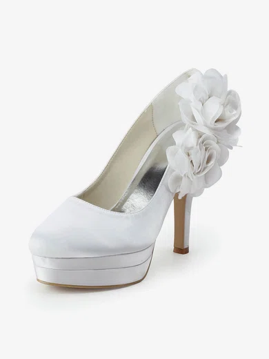 Women's Satin with Flower Stiletto Heel Pumps Closed Toe Platform #Milly03030176