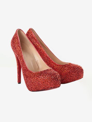 Women's Red Suede Pumps/Closed Toe/Platform with Crystal #Milly03030198