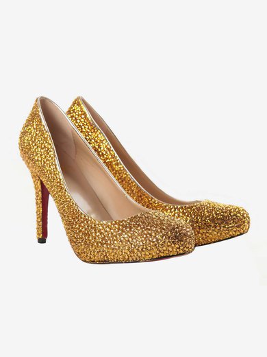 Women's Gold Suede Pumps/Closed Toe with Crystal #Milly03030202