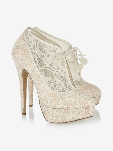Women's Champagne Lace Pumps/Closed Toe/Platform with Ribbon Tie #Milly03030221