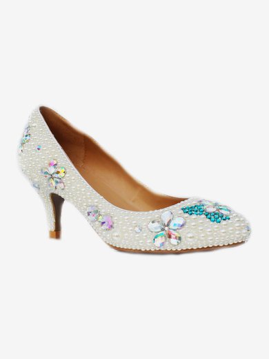 Women's Ivory Patent Leather Closed Toe/Pumps with Rhinestone/Imitation Pearl #Milly03030222