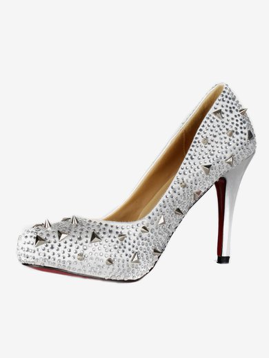 Women's Silver Satin Pumps/Closed Toe/Platform with Crystal #Milly03030236