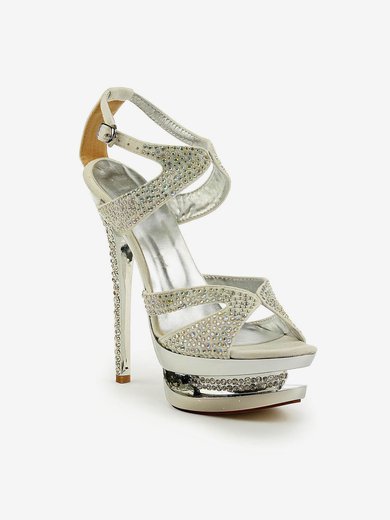 Women's Silver Suede Sandals/Peep Toe/Platform with Buckle/Crystal/Crystal Heel #Milly03030237