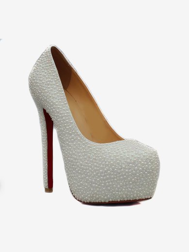Women's White Suede Pumps/Closed Toe/Platform with Imitation Pearl #Milly03030238