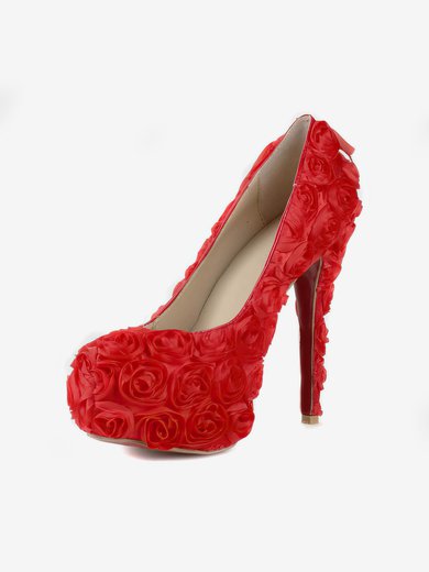 Women's Red Suede Pumps/Closed Toe/Platform with Satin Flower #Milly03030240