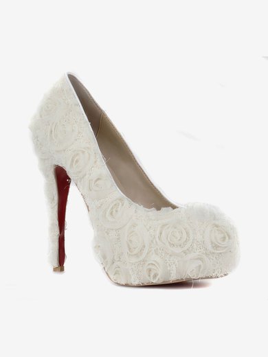 Women's White Suede Pumps/Closed Toe/Platform with Flower #Milly03030241